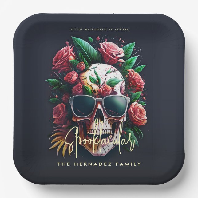 Floral Skull Faboolly Spooktacular Familienname Pappteller (Vorderseite)