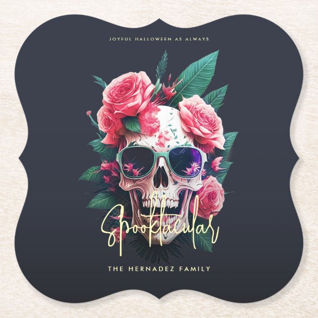 Floral Skull Faboolly Spooktacular Familienname Untersetzer (Vorderseite)