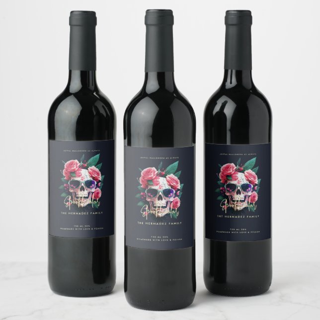 Floral Skull Faboolly Spooktacular Familienname Weinetikett (Flaschen)