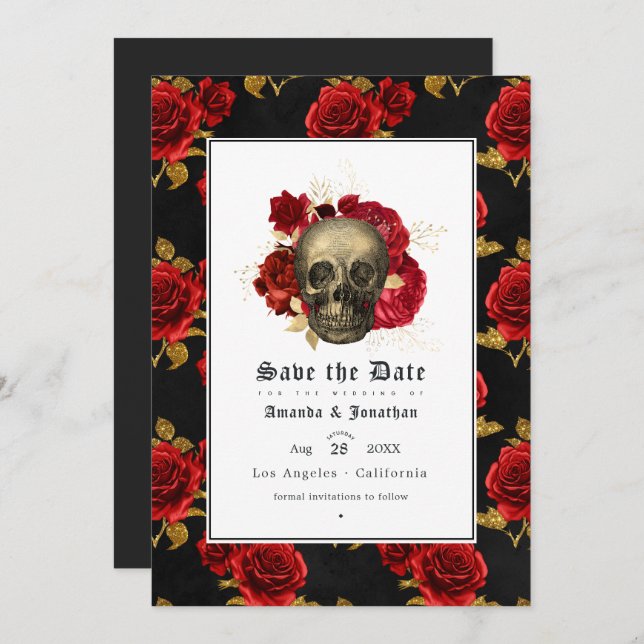 Floral Skull Gothic Wedding Foto Save The Date (Vorne/Hinten)