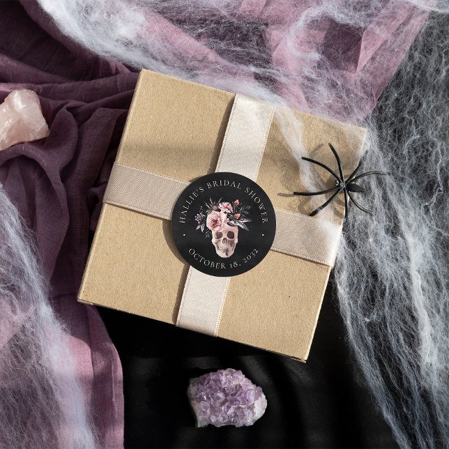 Floral Skull Halloween Brautparty Gefallen Runder Aufkleber (Von Creator hochgeladen)