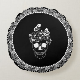 Floral Skull Schwarz-weiß Lace Halloween Rundes Kissen
