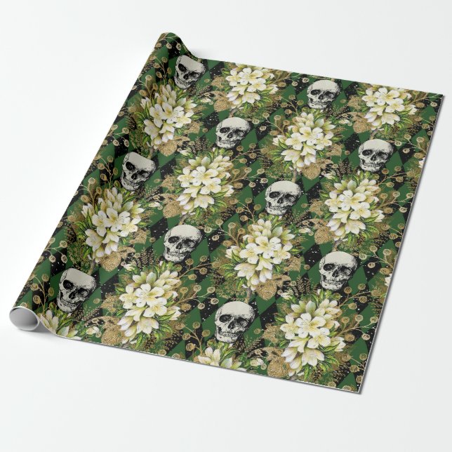 Floral & Skulls Gothic Grunge Weihnachtsmuster Geschenkpapier (Ungerollt)
