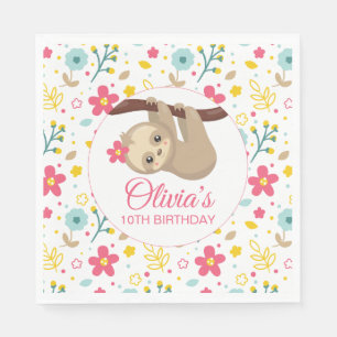 Floral Sloth Birthday Party Napkins Serviette