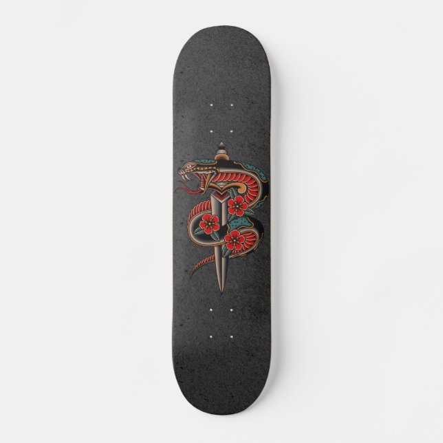 Floral Snake & Sword Grunge Illustration Esoteric Skateboard (Vorderseite)