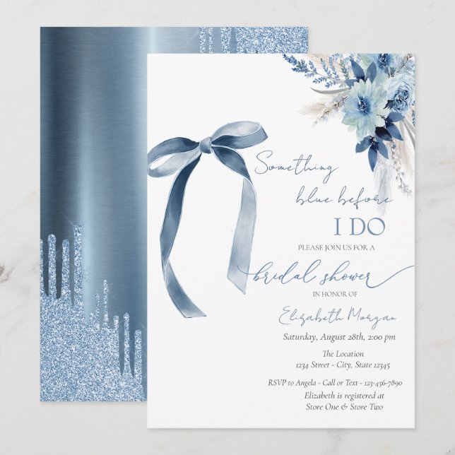 Floral Something Blue Bow Glitzer Tropfen Einladung (Vorne/Hinten)