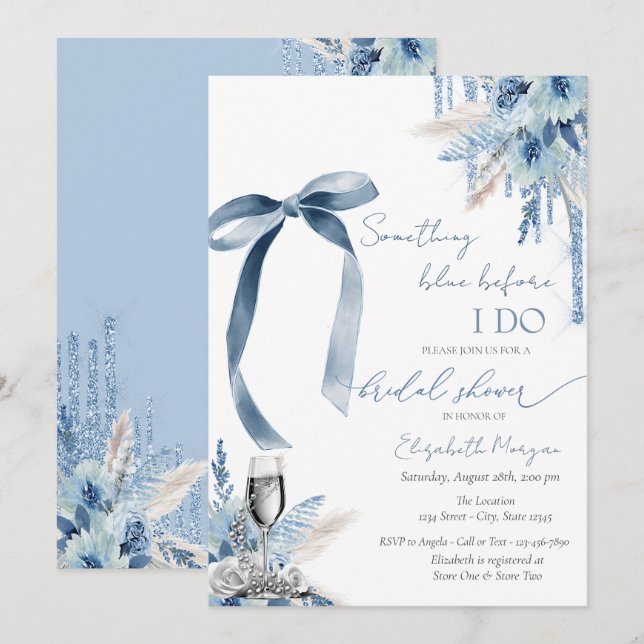 Floral Something Blue Bow Glitzer Tropfen Pearls Einladung (Vorne/Hinten)