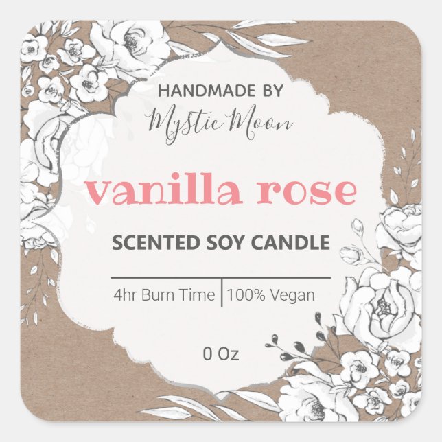 Floral Soy Label mit weißer Kraft Quadratischer Aufkleber (Vorderseite)