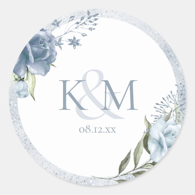 Floral Sparkle Wedding Initials Dusty Blue ID889 Runder Aufkleber (Vorderseite)