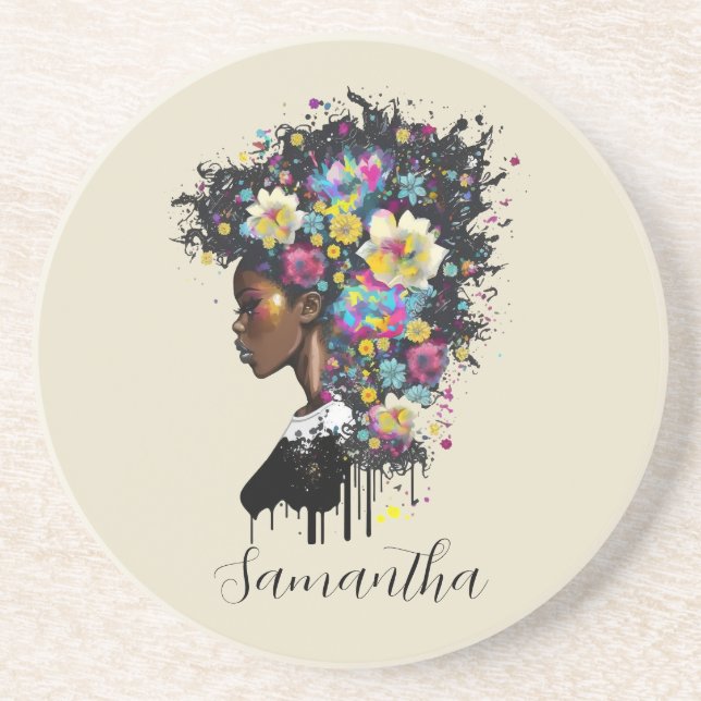 Floral Sparkling afrikanische Amerikanerin Getränkeuntersetzer (Vorne)