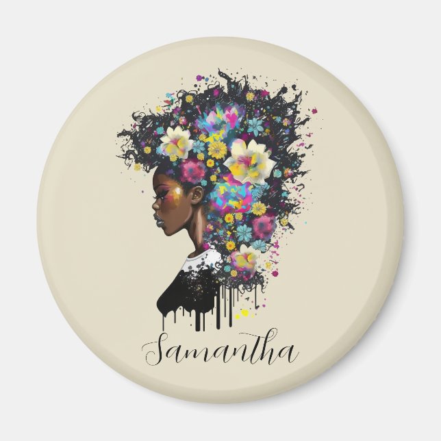 Floral Sparkling afrikanische Amerikanerin Magnet (Vorne)