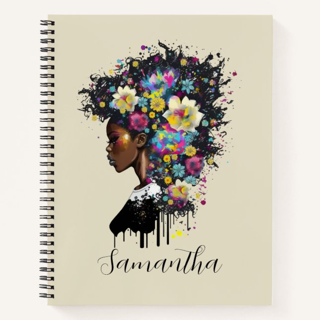 Floral Sparkling afrikanische Amerikanerin Notizbuch (Vorderseite)