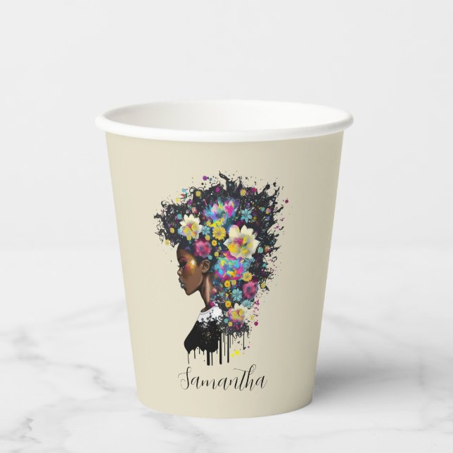 Floral Sparkling afrikanische Amerikanerin Pappbecher (Vorderseite)