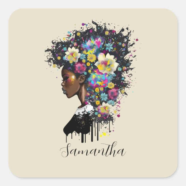 Floral Sparkling afrikanische Amerikanerin Quadratischer Aufkleber (Vorderseite)