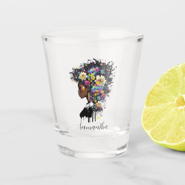 Floral Sparkling afrikanische Amerikanerin Schnapsglas (Vorderseite)