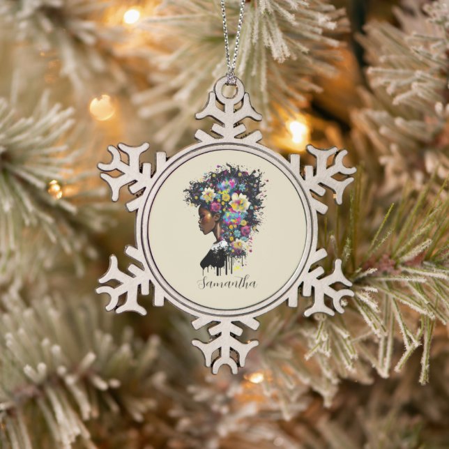 Floral Sparkling afrikanische Amerikanerin Schneeflocken Zinn-Ornament (Baum)