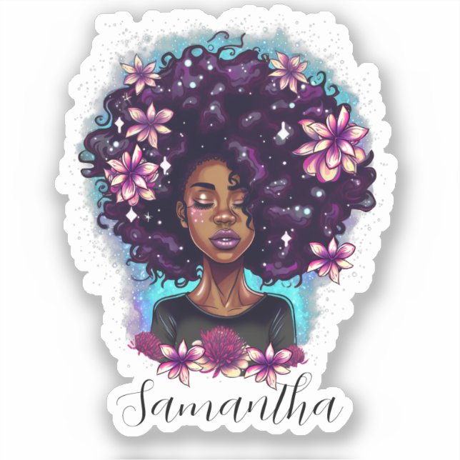 Floral Sparkling Afro Frau Aufkleber (Vorderseite)