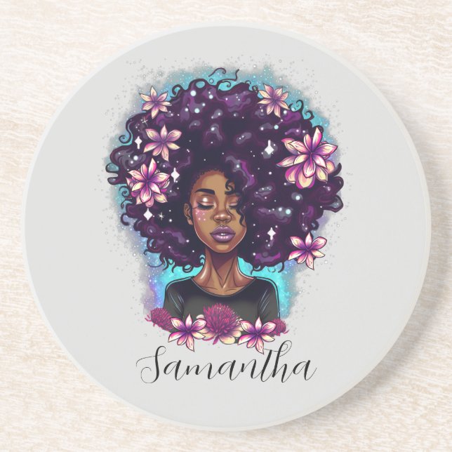 Floral Sparkling Afro Frau Getränkeuntersetzer (Vorne)