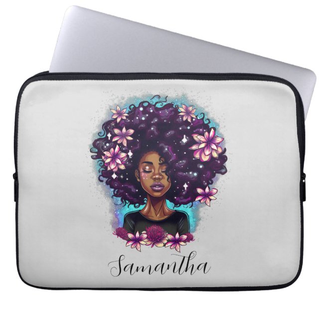 Floral Sparkling Afro Frau Laptopschutzhülle (Vorderseite)