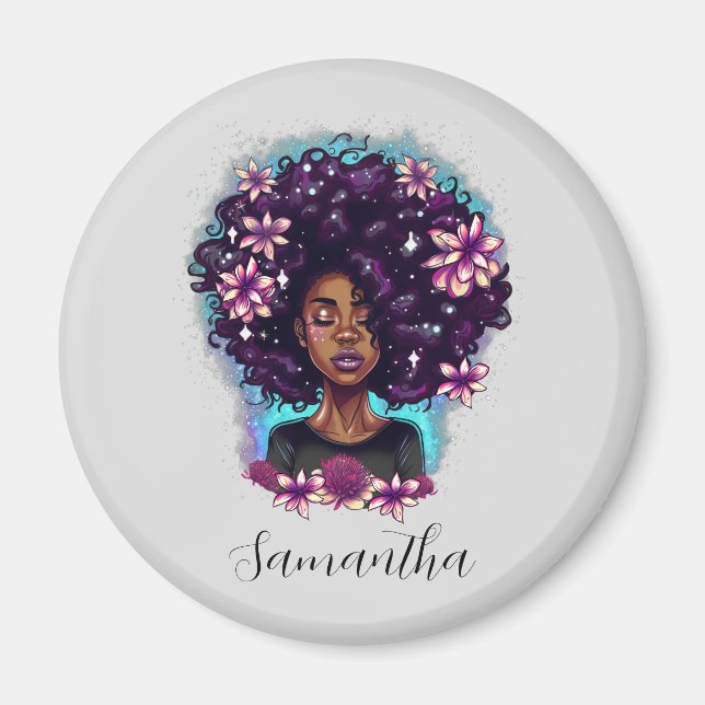Floral Sparkling Afro Frau Magnet (Vorne)