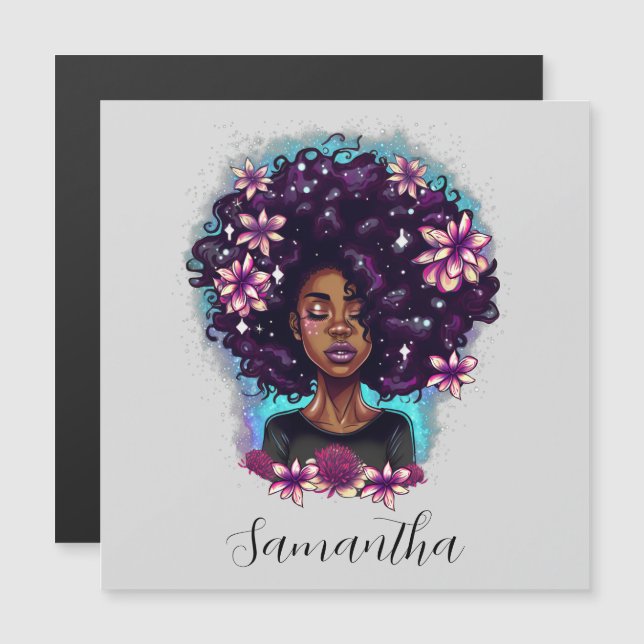 Floral Sparkling Afro Frau Magnetkarte (Vorne/Hinten)