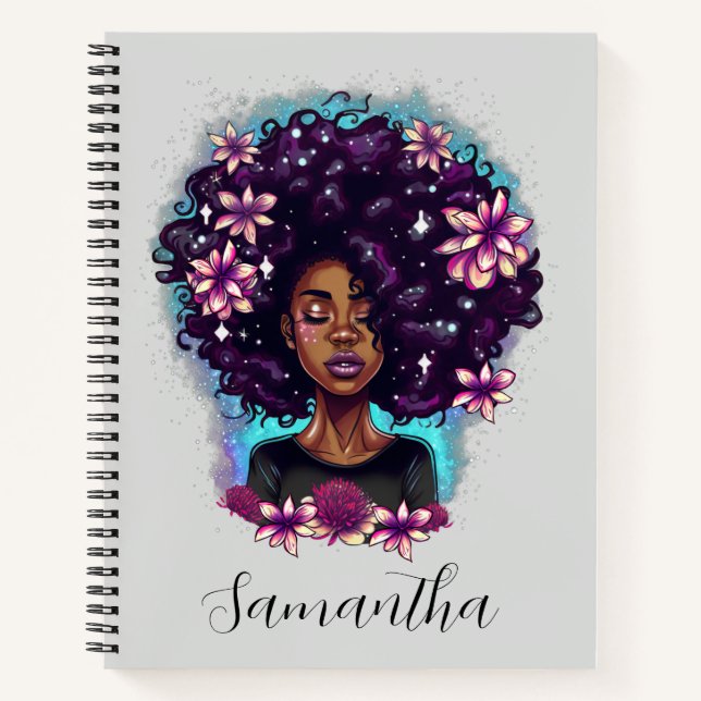 Floral Sparkling Afro Frau Notizbuch (Vorderseite)