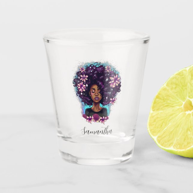 Floral Sparkling Afro Frau Schnapsglas (Vorderseite)