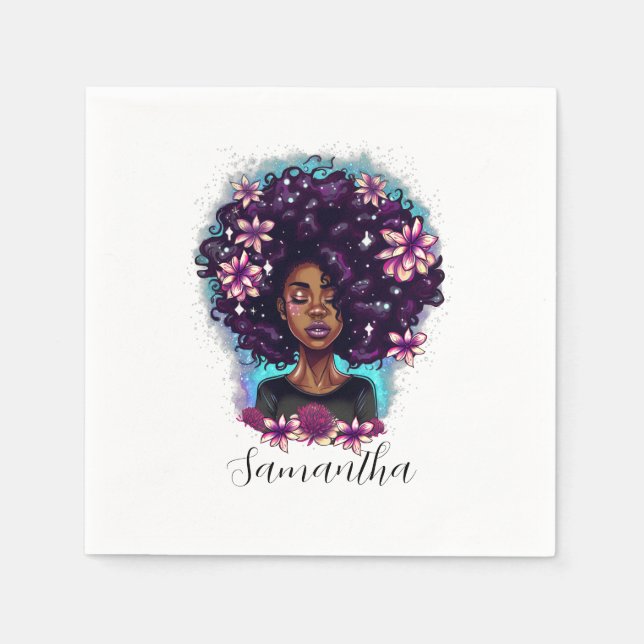 Floral Sparkling Afro Frau Serviette (Vorderseite)