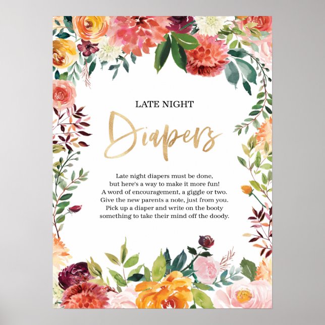 Floral Späte Nacht Windeln Baby Duschzeichen Poster (Vorne)