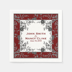 Floral Spray-Drk Rot-Silber-Elegant Gerahmte Napki Serviette