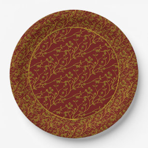 Floral Spray, GOLD-RED 6-PAPER-PARTY-TELLER Pappteller