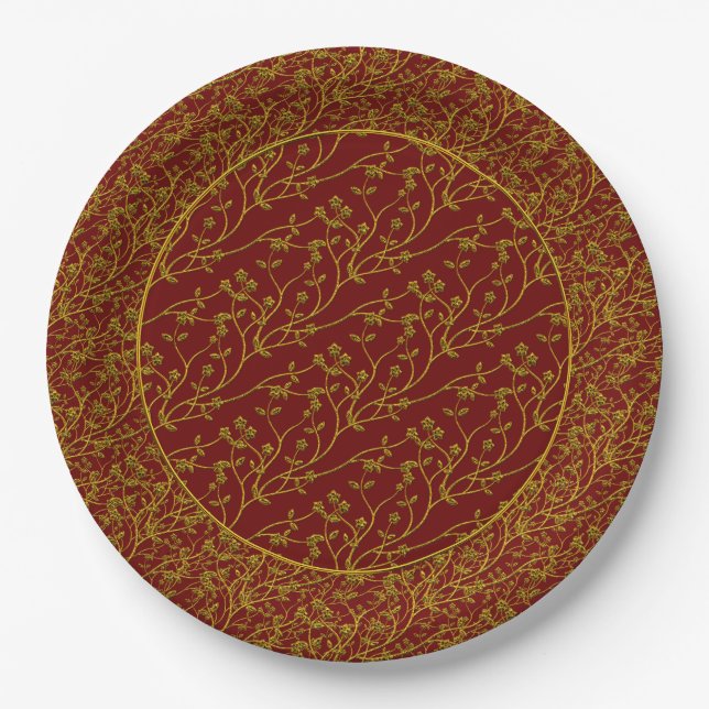Floral Spray, GOLD-RED 6-PAPER-PARTY-TELLER Pappteller (Vorderseite)