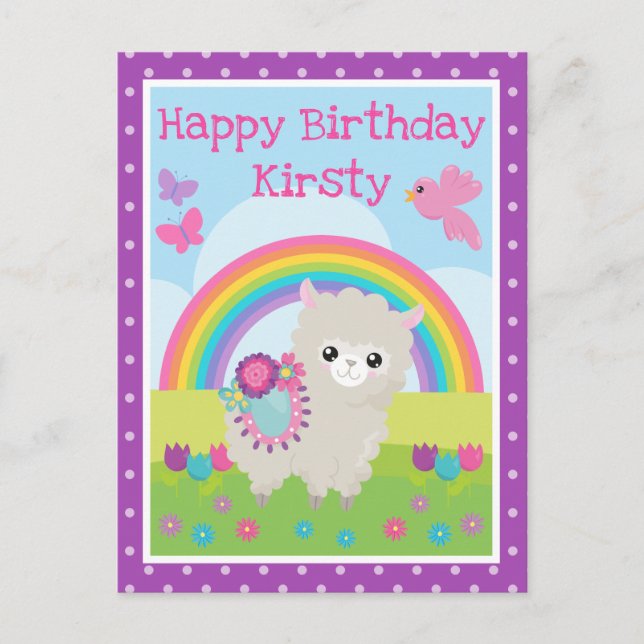 Floral Spring Llama & Rainbow Birthday Postkarte (Vorderseite)
