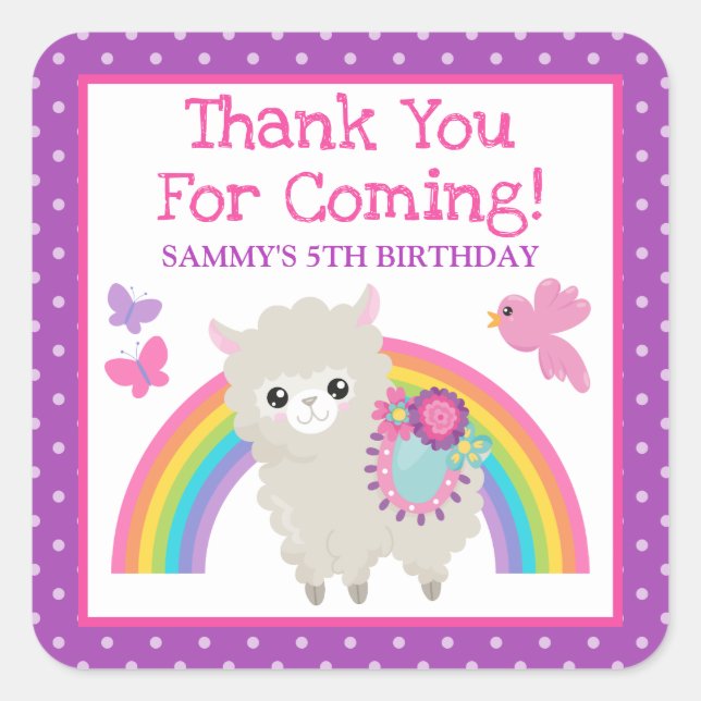Floral Spring Llama & Rainbow Birthday Quadratischer Aufkleber (Vorderseite)