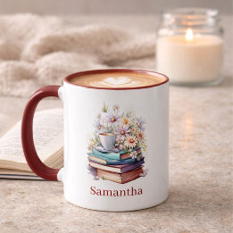 Floral Stacked Books Personalized Burgundy Handle Tasse