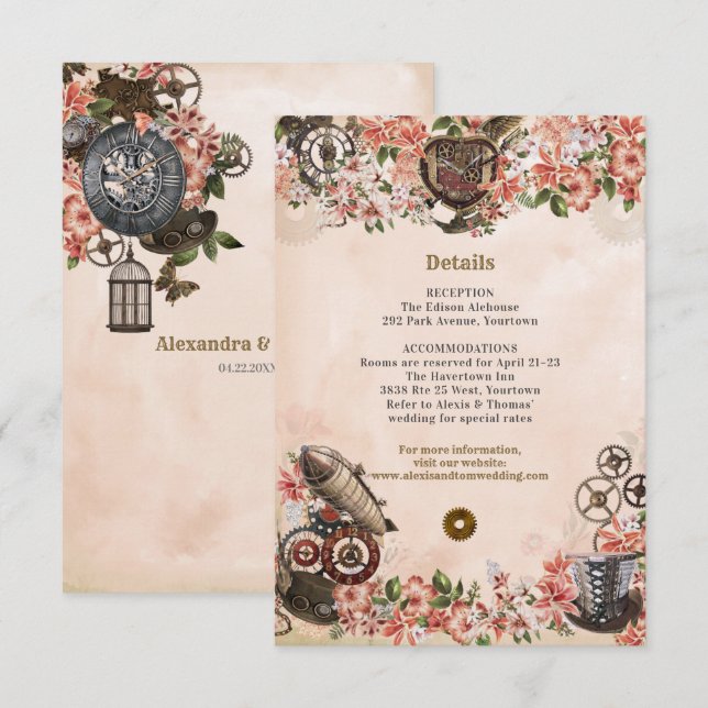 Floral Steampunk Hochzeitsempfang Beilage Einladung (Vorne/Hinten)