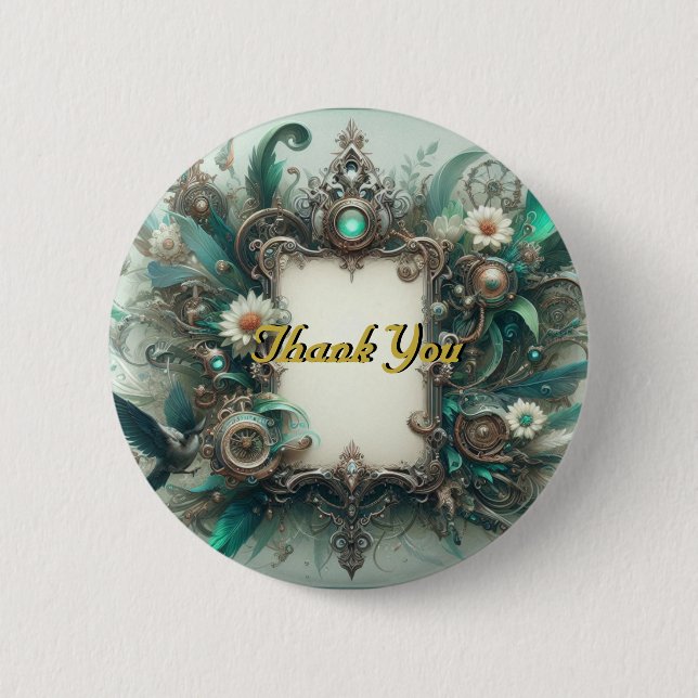 Floral Steampunk Wedding Green und Silver Button (Vorderseite)