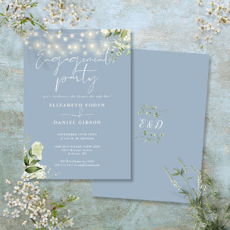 Floral String Lights Dusty Blue Engagement Party Einladung