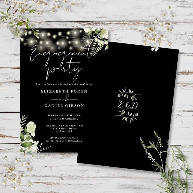 Floral String Lights Schwarz-weiße Engagement Part Einladung (Floral String Lights Black White Engagement Party Invitation)