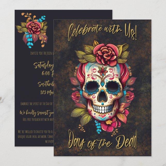 Floral Sugar Skull Day of the Dead English Einladung (Vorne/Hinten)