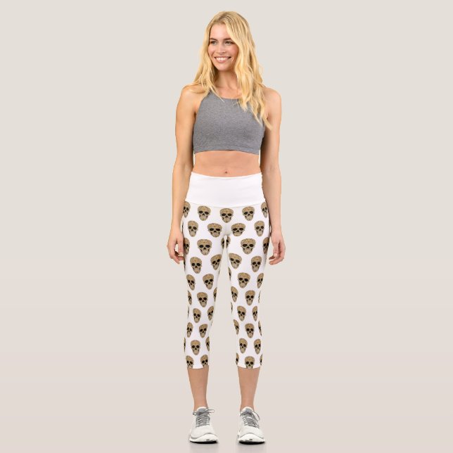 Floral Sugar Skull Dia de los Muertos Capri Leggings (Vorderseite)