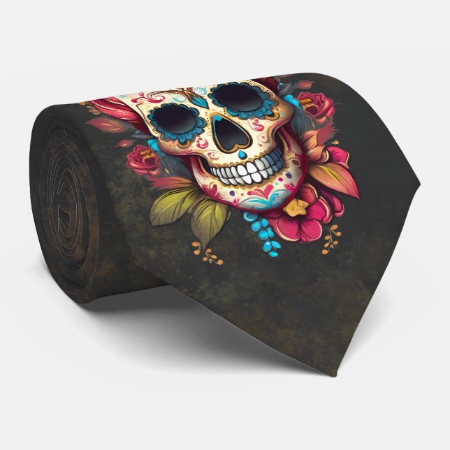 Floral Sugar Skull Día de los Muertos Krawatte (Gerollt)