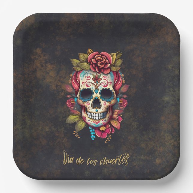 Floral Sugar Skull Dia de los Muertos Party Pappteller (Vorderseite)