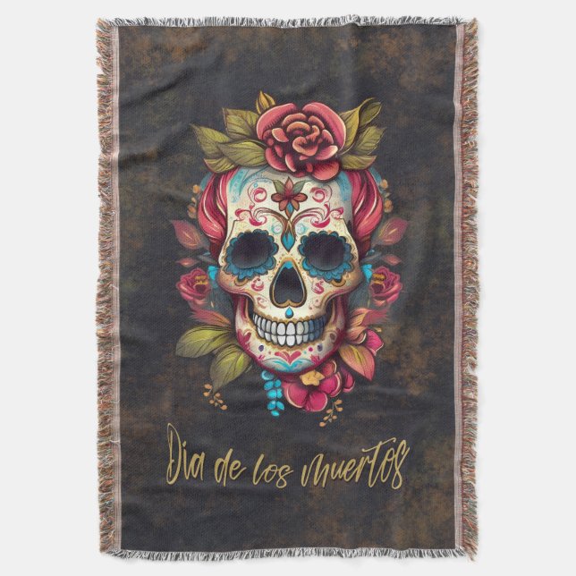 Floral Sugar Skull Día de los Muertos Spanisch Decke (Vorderseite Vertikal)