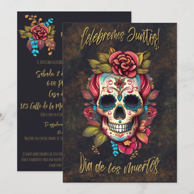 Floral Sugar Skull Día de los Muertos Spanisch Einladung (Vorne/Hinten)