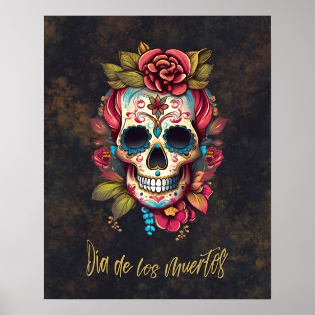 Floral Sugar Skull Día de los Muertos Spanisch Poster (Vorne)