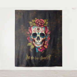 Floral Sugar Skull Día de los Muertos Spanisch Wandteppich