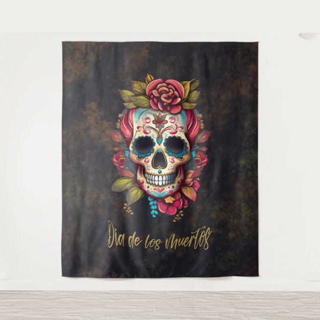 Floral Sugar Skull Día de los Muertos Spanisch Wandteppich (Vorderseite)