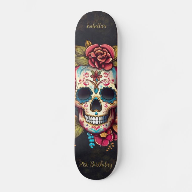 Floral Sugar Skull Meilenstein Geburtstag Skateboard (Vorderseite)