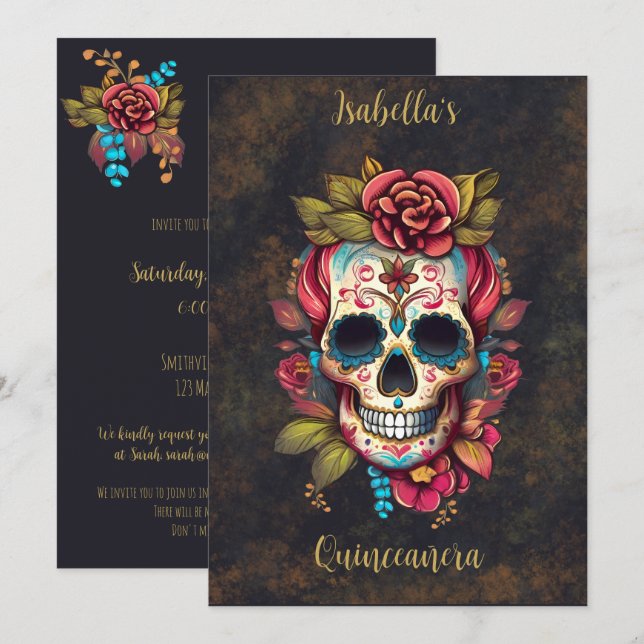 Floral Sugar Skull Quinceanera Geburtstag Englisch Einladung (Vorne/Hinten)